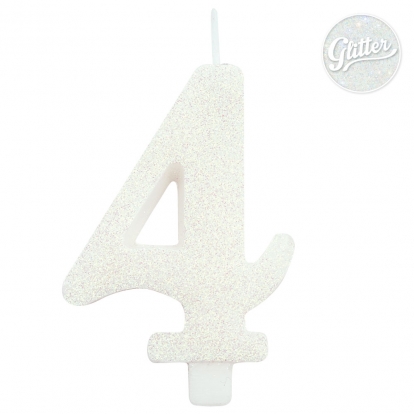 Svecīte "4", balta spīdīga