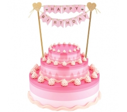 Tordikaunistus "Happy birthday", roosakas-kuldne (25 cm)
