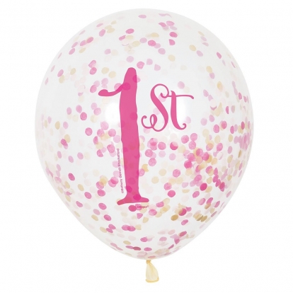 Õhupallid "1-ne sünnipäev",  roosad konfetidega (6 tk )