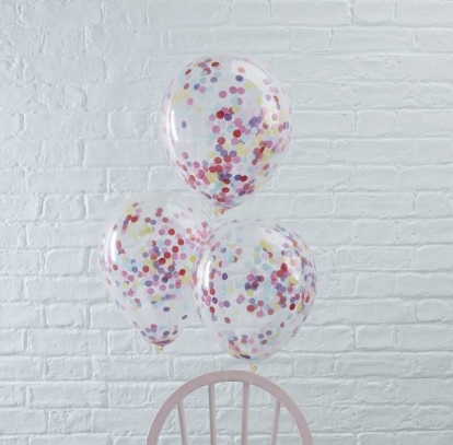 Baloni, caurspīdīgi ar krāsainiem konfettī (5 gab/30 cm)