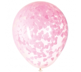 Baloni, caurspīdīgi ar rozā sirsniņu konfeti (5 gab./40 cm)