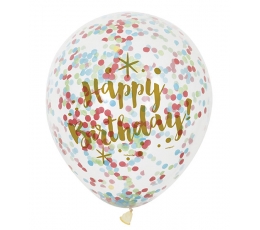 Baloni "Happy Birthday", caurspīdīgi baloni ar krāsainiem konfettī (6 gab/ 30 cm)