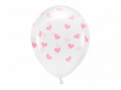 Balons, caurspīdīgs ar rozā sirsniņām (6 gab./30 cm)