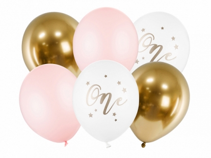 Balonu komplekts "One", rozā-zelts (6 gab./30 cm)
