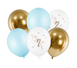 Balonu komplekts "One", zili zeltains (6 gab./30 cm)