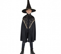 Burvja apmetnis ar cepuri, melns zvaigžņots (140 cm.)