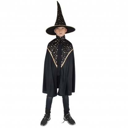 Burvja apmetnis ar cepuri, melns zvaigžņots (140 cm.)