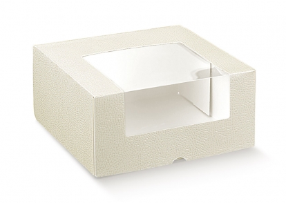 Dāvanu kastīte ar lodziņu, baltas ādas imitācija (250x250x100 mm)