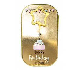 Pārsteiguma kūka skārdenē "Happy birthday gifts", ar brīnumsvecīti (11x7x3 cm/52 g.)