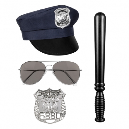 Policista komplekts (cepure, brilles, nozīmīte, nūja)