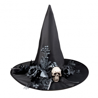 Raganas cepure ar ziediem un galvaskausu