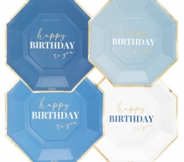 Šķīvīši "Happy Birthday", zilos toņos (8 gab./24 cm)