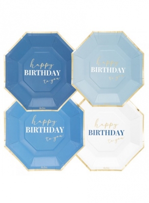 Šķīvīši "Happy Birthday", zilos toņos (8 gab./24 cm)