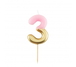  Svecīte "3", rozā-zelta (10 cm)