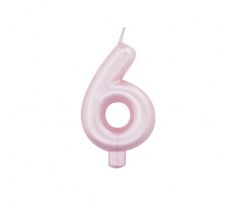 Svecīte "6", rozā perlamutrs  (7 cm)