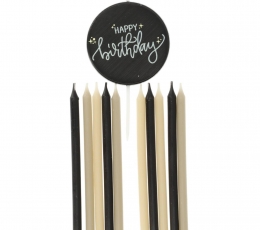 Sveču komplekts "Happy Birthday", krēmkrāsas-melns (11 gab./9,5 cm)