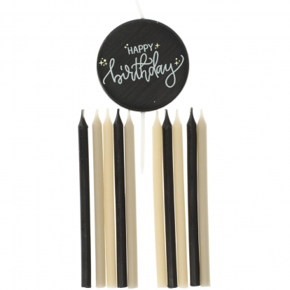 Sveču komplekts "Happy Birthday", krēmkrāsas-melns (11 gab./9,5 cm)