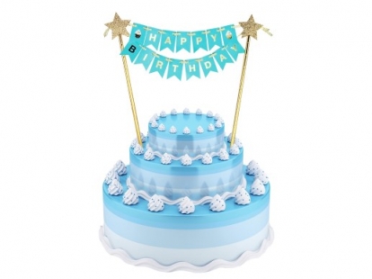 Tortes dekorācija "Happy Birthday", zili zeltaina (25 cm)