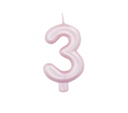 Svecīte "3", rozā perlamutrs  (7 cm)