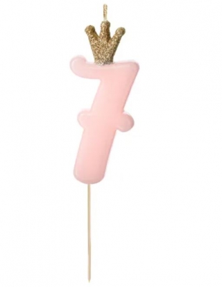Свеча "7", розовая с короной 