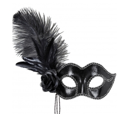 Венецианская маска с перьями и розой, черная