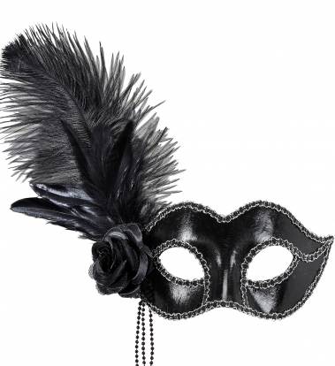 Венецианская маска с перьями и розой, черная